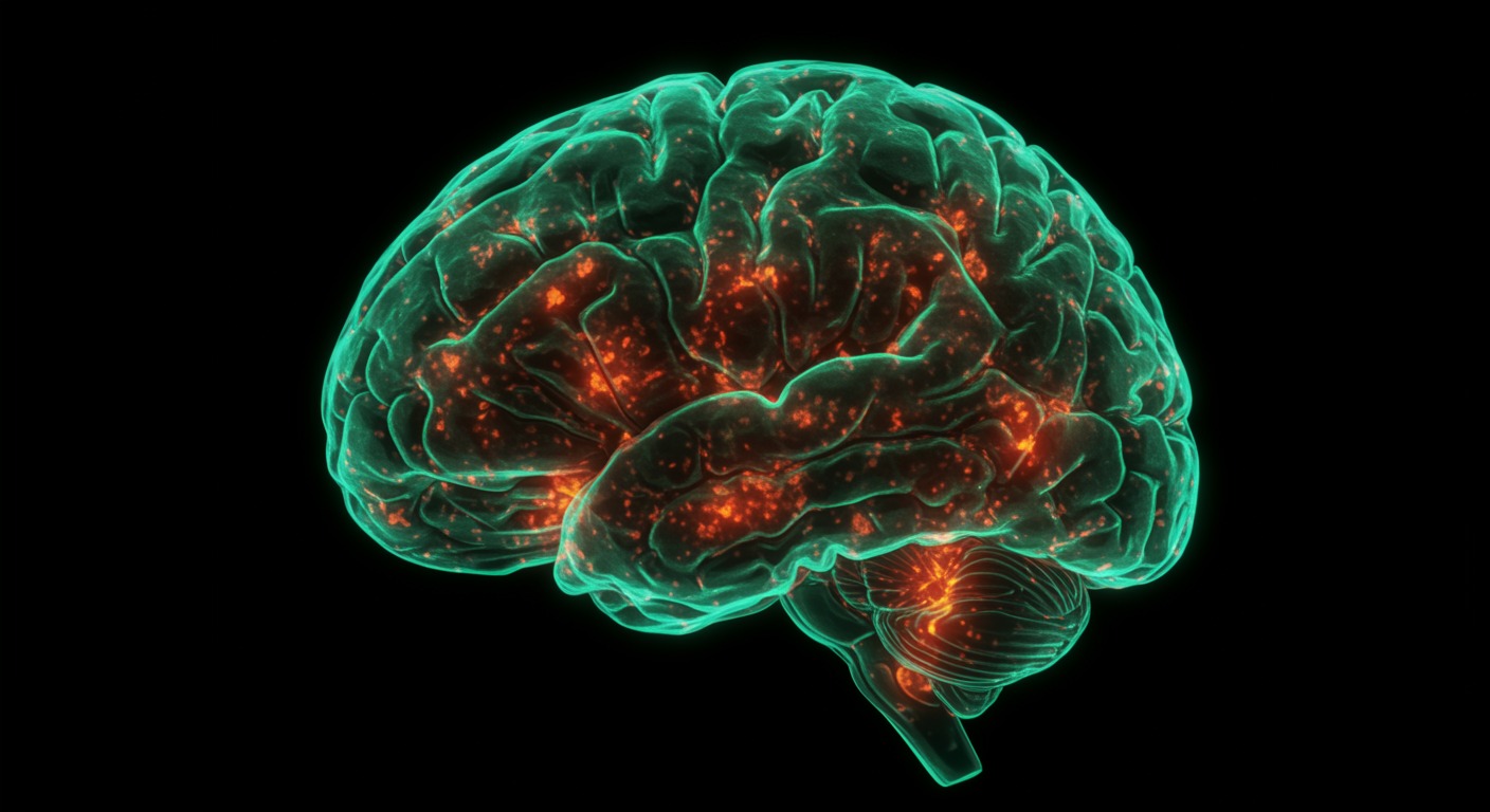 Brain inflammation visualization with immune cells and neural networks on medical research display with clinical lighting