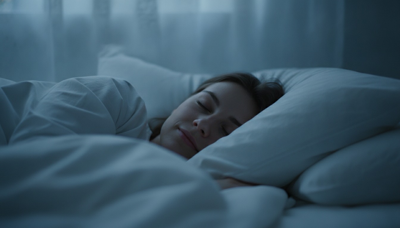 Close-up of a peaceful sleeping face on white pillows with soft moonlight blue tones through curtains