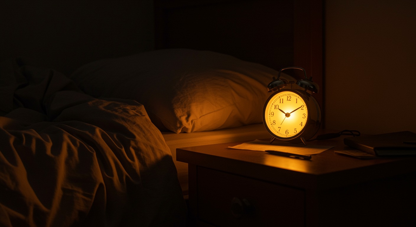 Dimly lit bedroom at night with rumpled sheets and a glowing alarm clock on the nightstand showing early morning hours