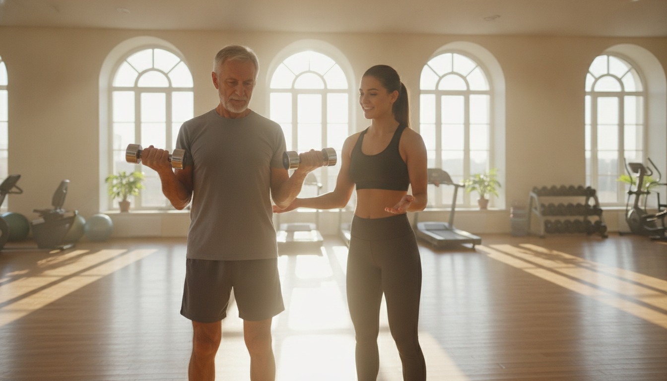 Older man lifting a light dumbbell in a bright gym while a trainer watches, warm morning light through tall windows