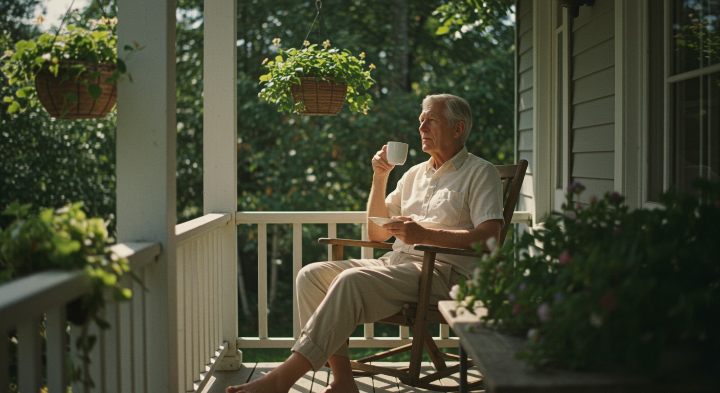 Older adult enjoying a quiet morning on a porch with a cup of coffee, surrounded by greenery in soft warm sunlight