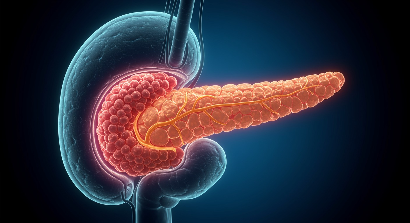 Human pancreas anatomy illustration with detailed islet cells, medical illustration style, no text, scientific accuracy