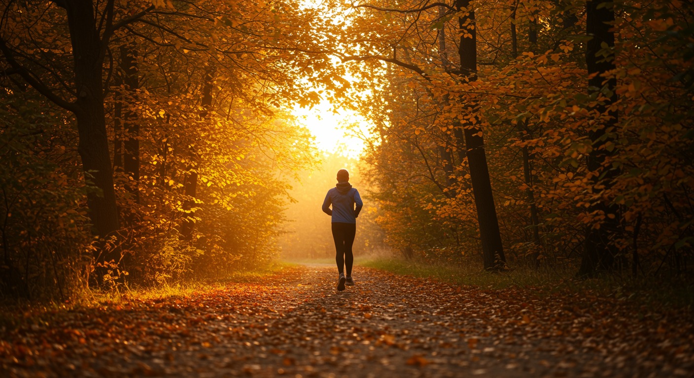 Energetic person jogging through a sunlit park trail with vibrant autumn leaves and warm light
