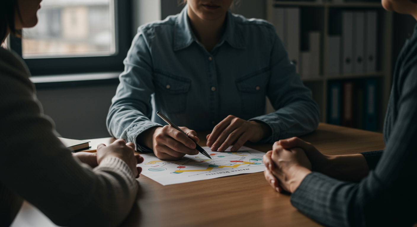 Therapist and patient in interpersonal therapy session with relationship mapping materials and communication tools on desk