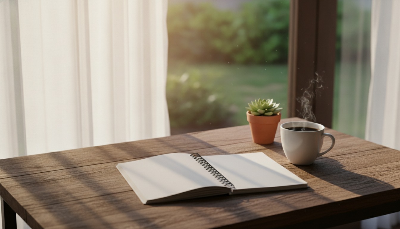 Open notebook and a cup of coffee on a wooden desk by a window with warm soft morning light and a small potted plant