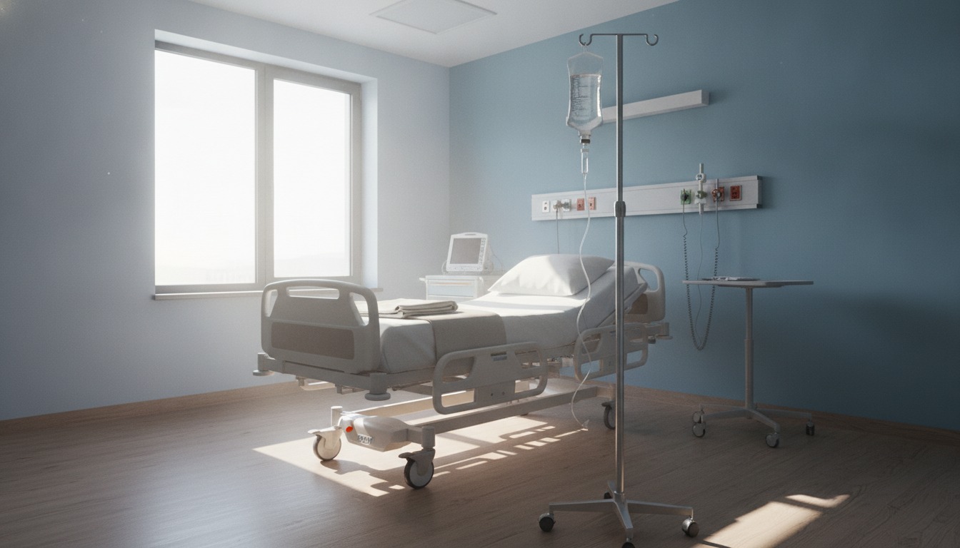 An intravenous infusion bag hanging on a stand beside an empty hospital bed in a bright preoperative room with soft daylight through a window