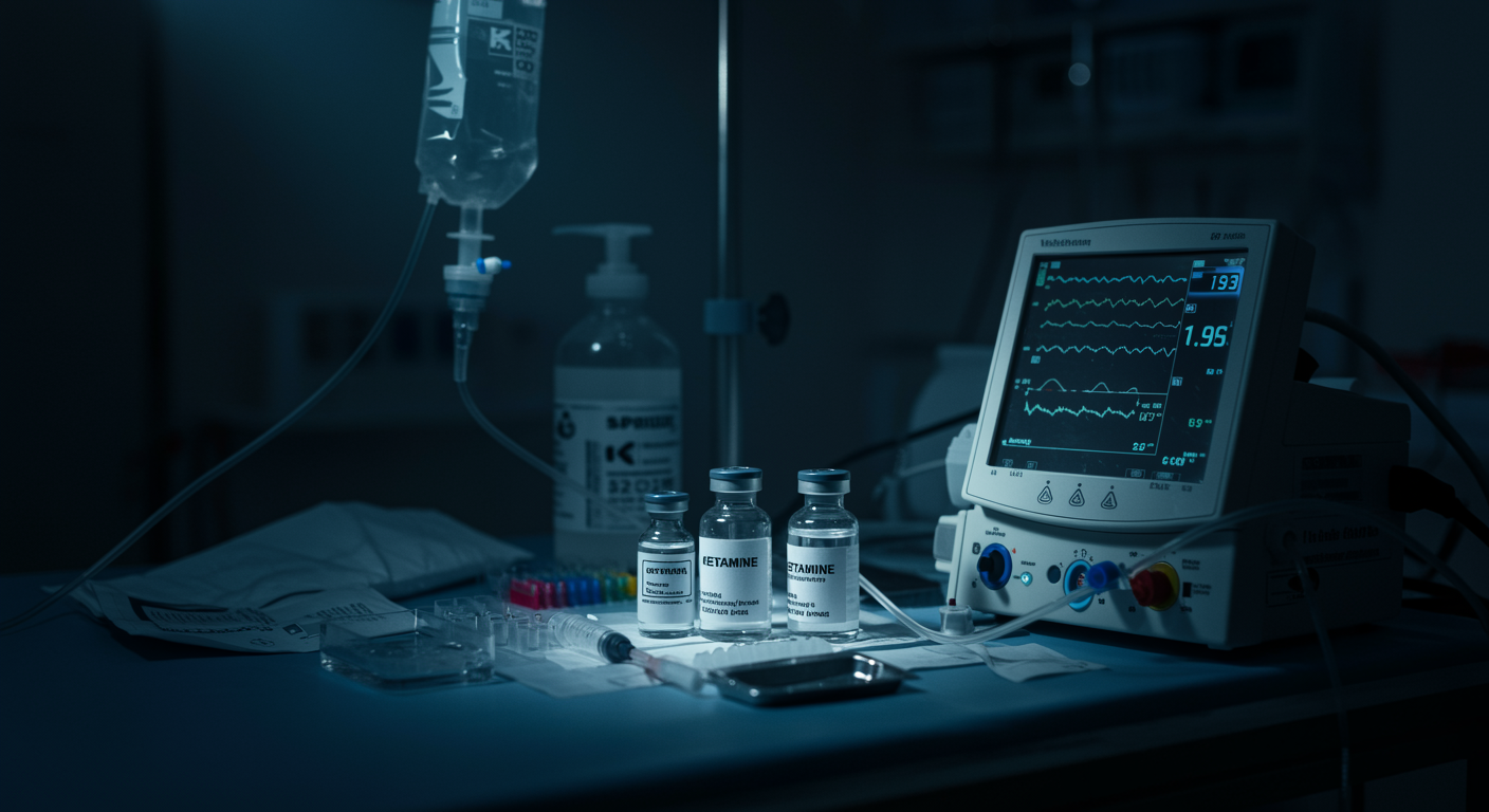 Medical infusion setup with ketamine vials and clinical monitoring equipment on hospital table with professional lighting