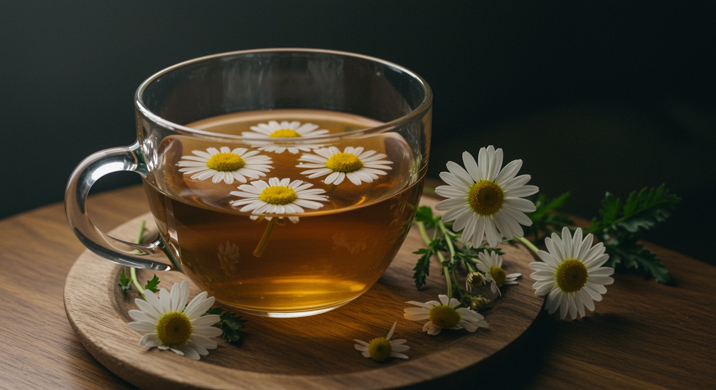 Photorealistic chamomile tea with flowers showing sleep quality improvement in elderly, peaceful bedtime scene, soft herbal lighting, no text
