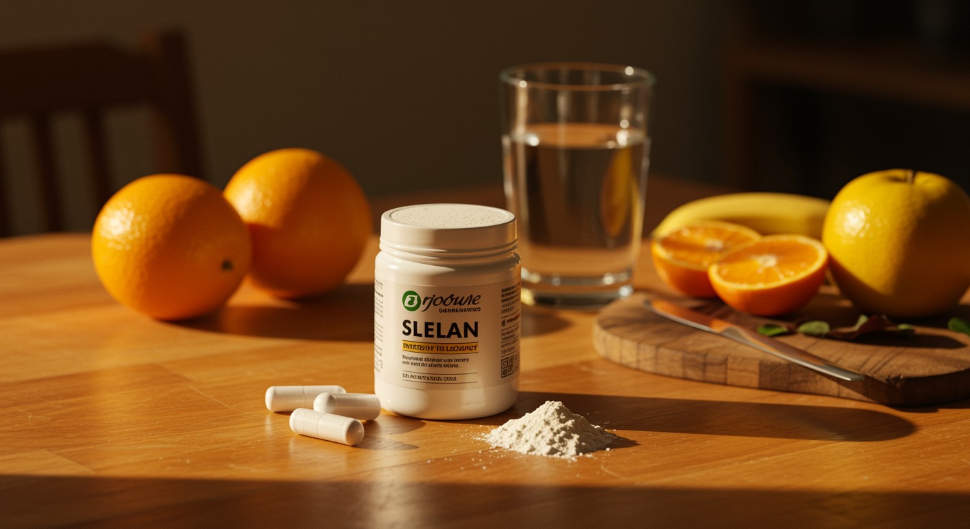Clean white supplement powder on a warm sunlit wooden table with fresh fruits and a glass of water