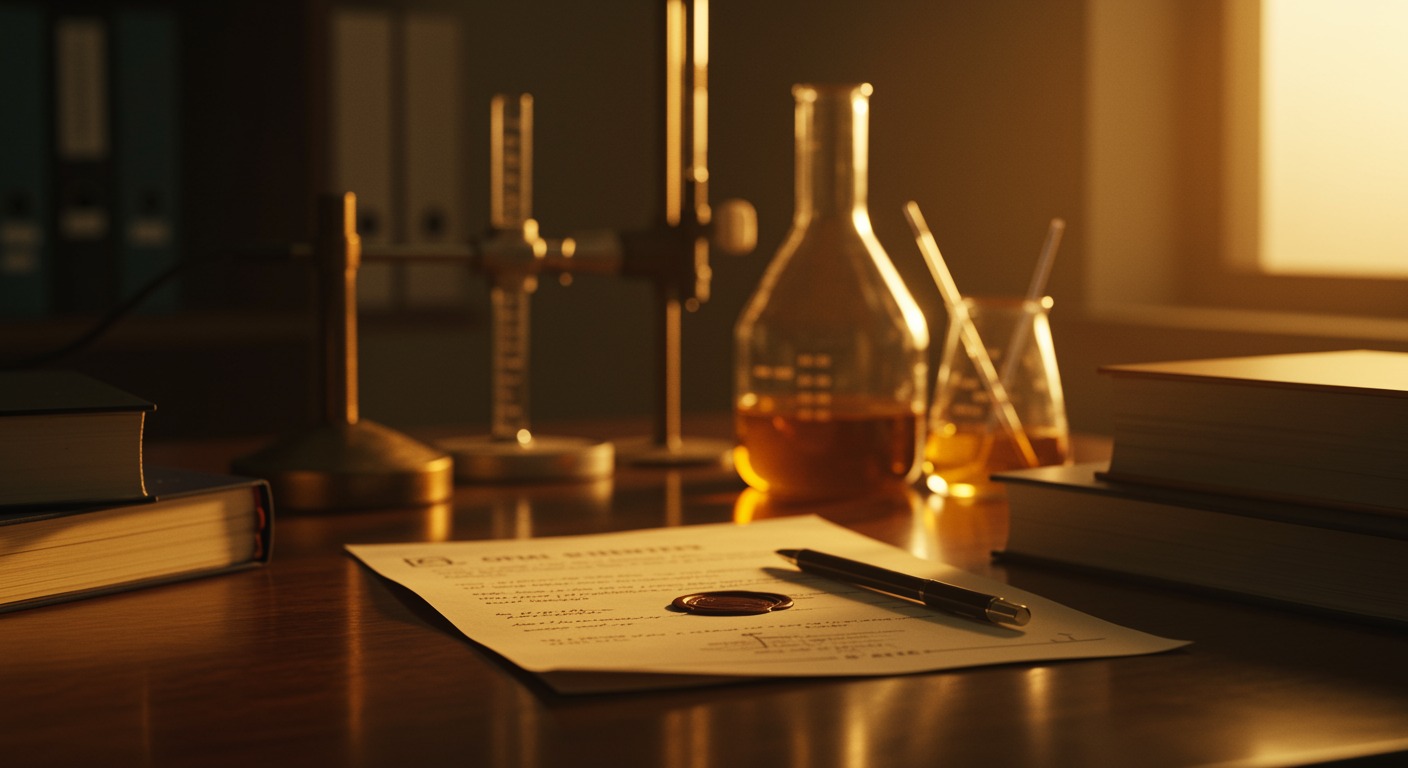 Official scientific document with a seal on a polished desk alongside laboratory equipment and research journals, authoritative professional setting