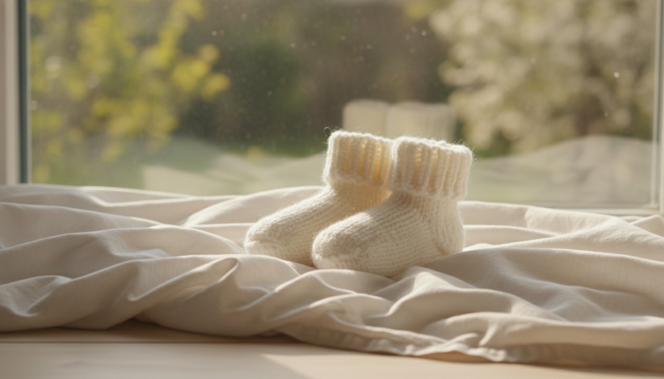 A pair of soft knitted baby socks resting on a folded white blanket beside a sunlit window