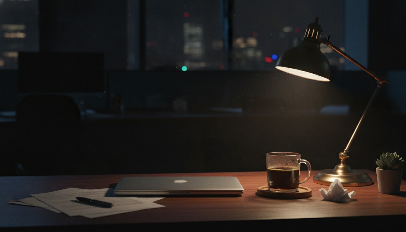 An empty office desk late at night lit by a single lamp, with a laptop closed and a cold cup of coffee beside it