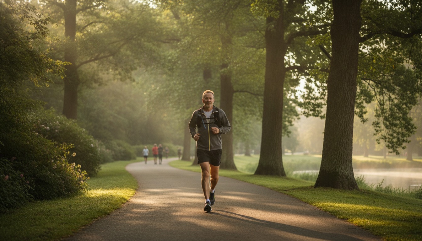 A middle-aged man walking briskly along a tree-lined park path in soft early morning light