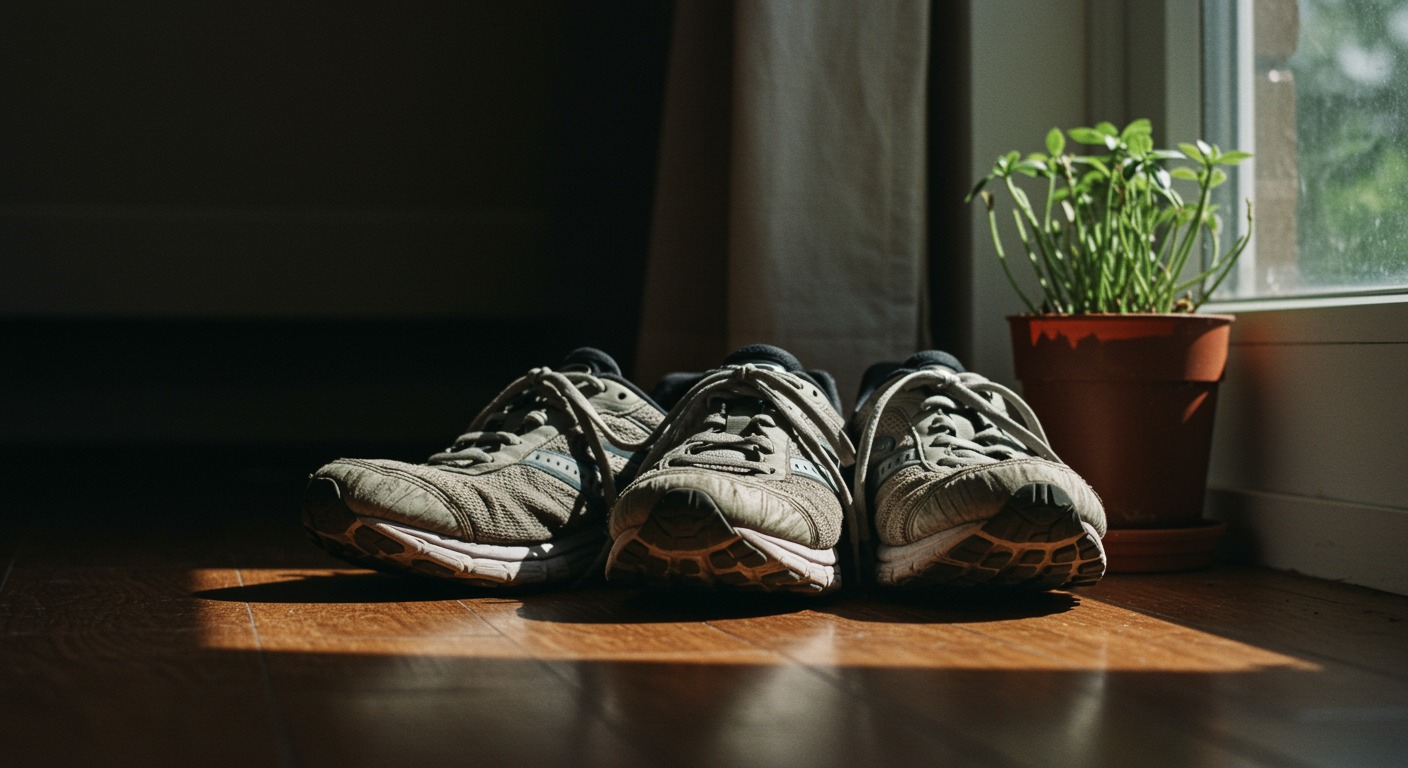 Pair of worn running shoes resting on a wooden floor by a sunlit window with a small potted plant nearby