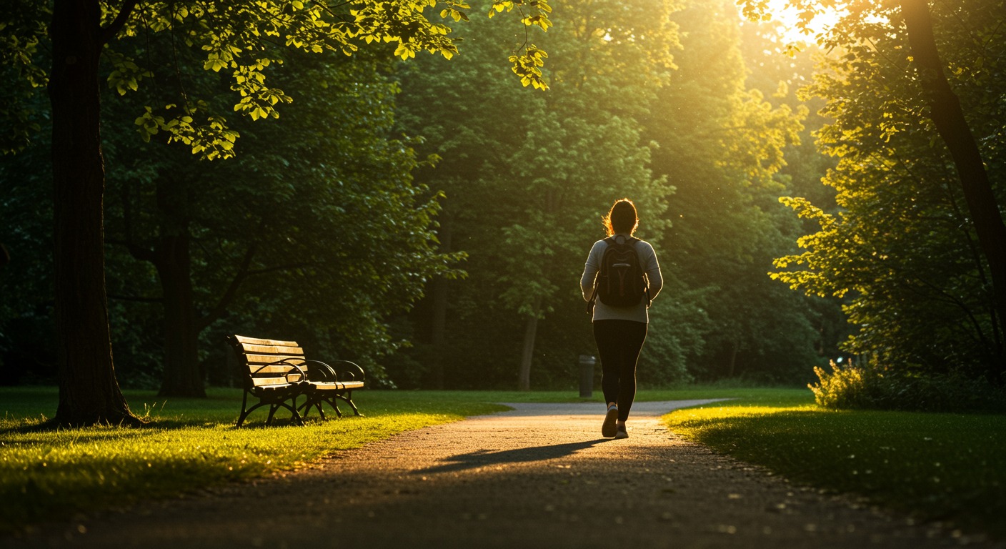 A person walking briskly along a sunlit park path at golden hour with green trees in the background