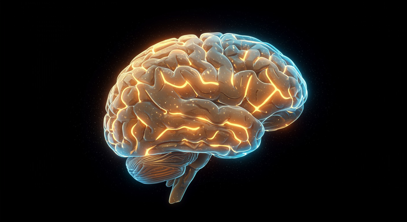 Vibrant glowing human brain illuminated with warm golden and blue neural pathways, showing active synaptic connections and cognitive activity, bright optimistic lighting on clean background