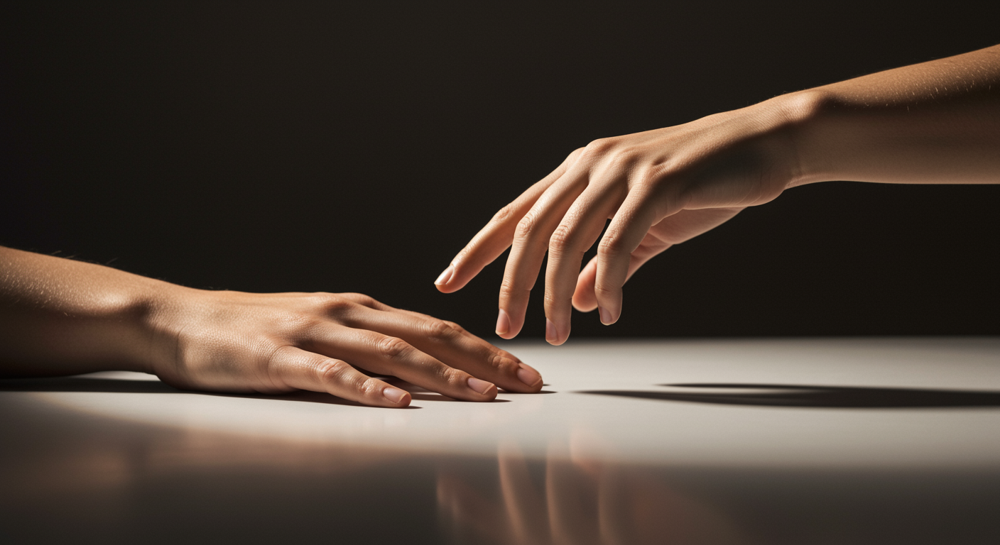 Single pair of hands gently touching on clean white surface with soft warm lighting