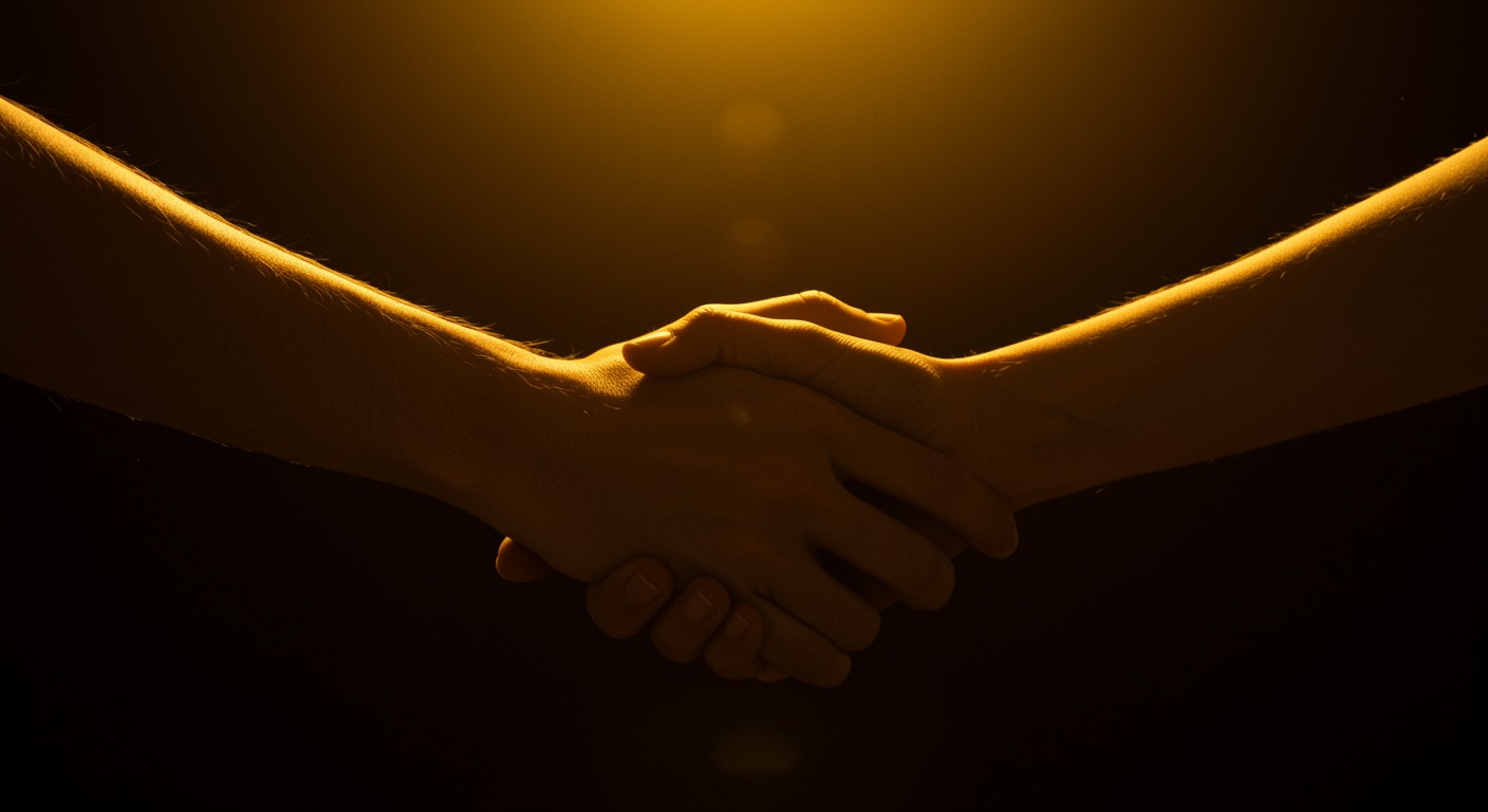 Two hands clasping warmly in golden light
