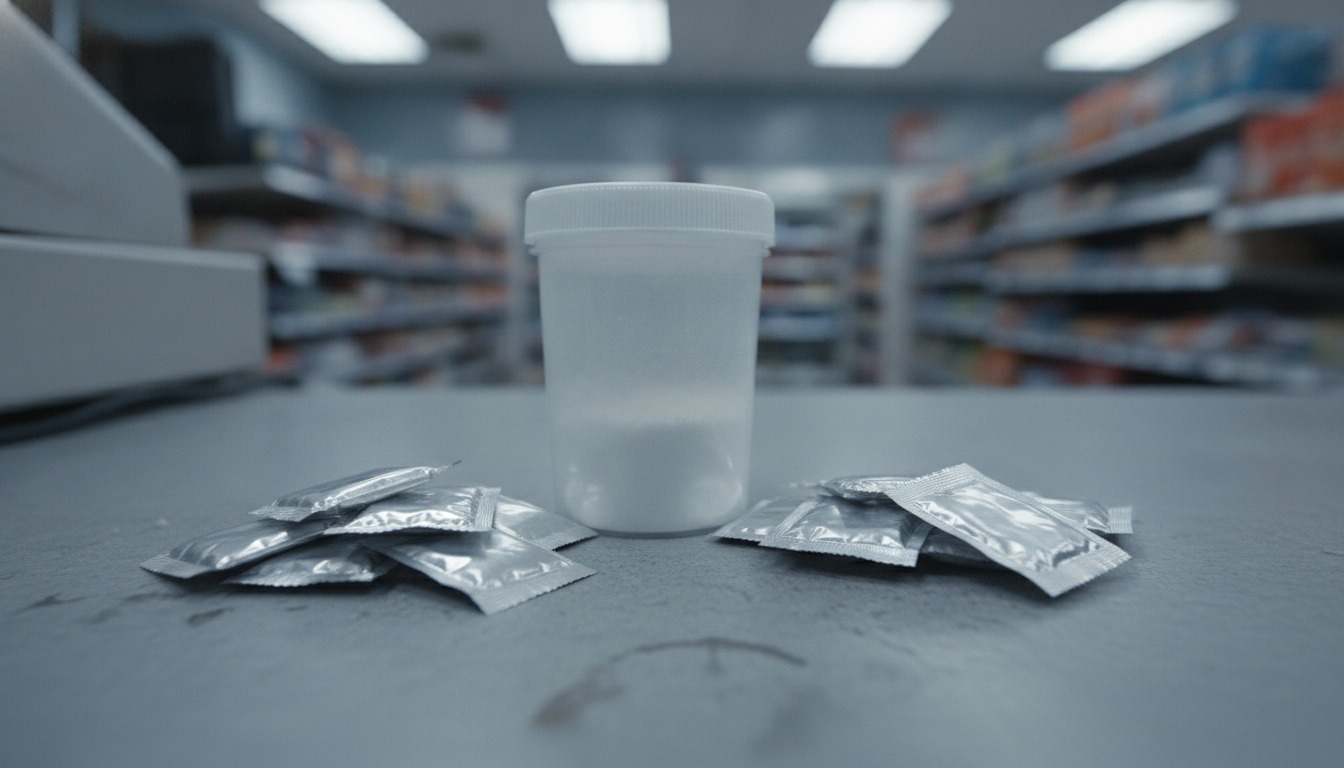 Small unmarked foil packets and a plastic tub sitting on a convenience store counter under flat fluorescent light