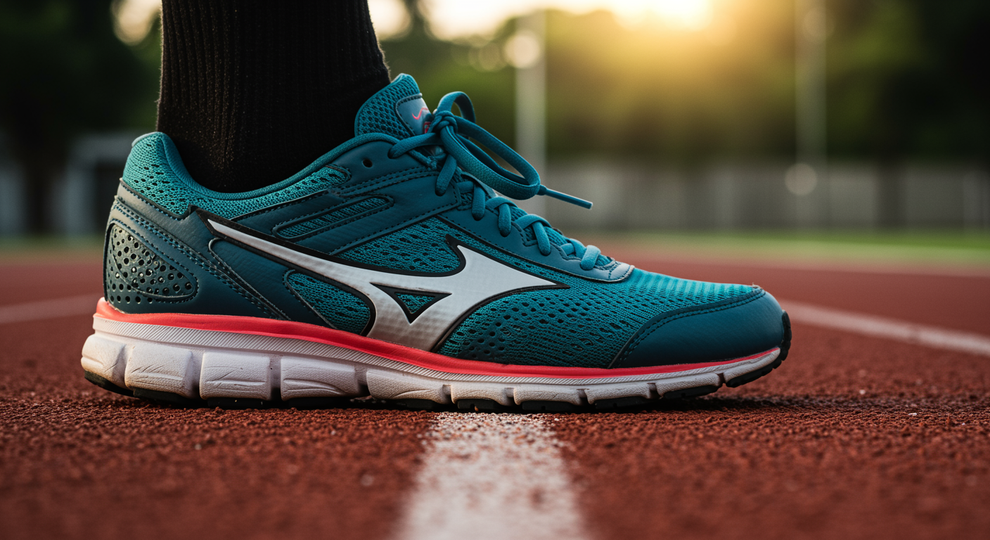 Single running shoe on clean track surface with energetic morning lighting