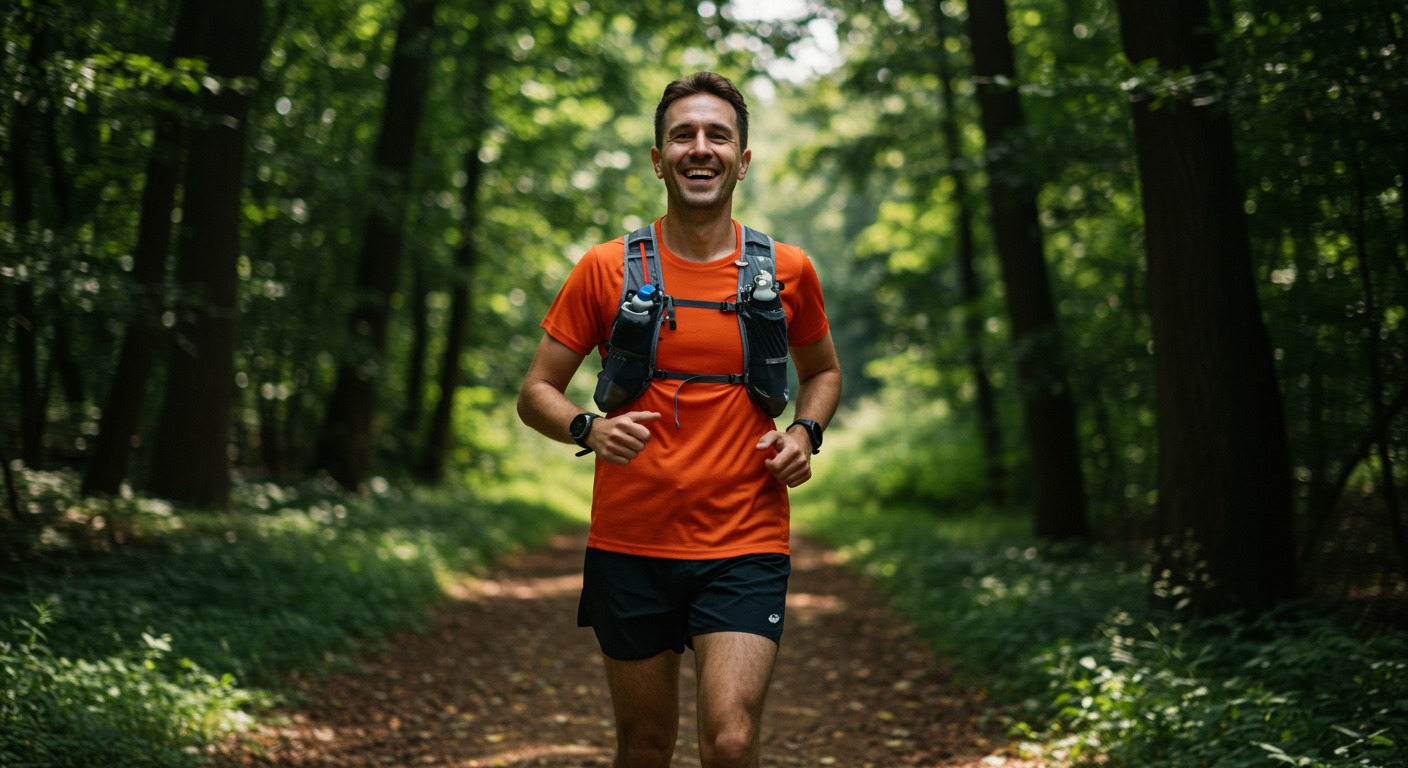 Runner smiling on sunny forest trail