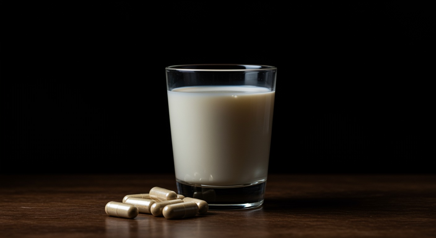 Supplement capsules beside warm glass of milk