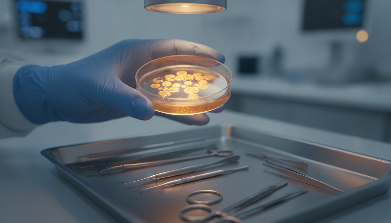 A gloved researcher holding a small clear culture dish of living cells under warm laboratory light, with stainless steel surgical instruments arranged on a tray softly out of focus behind