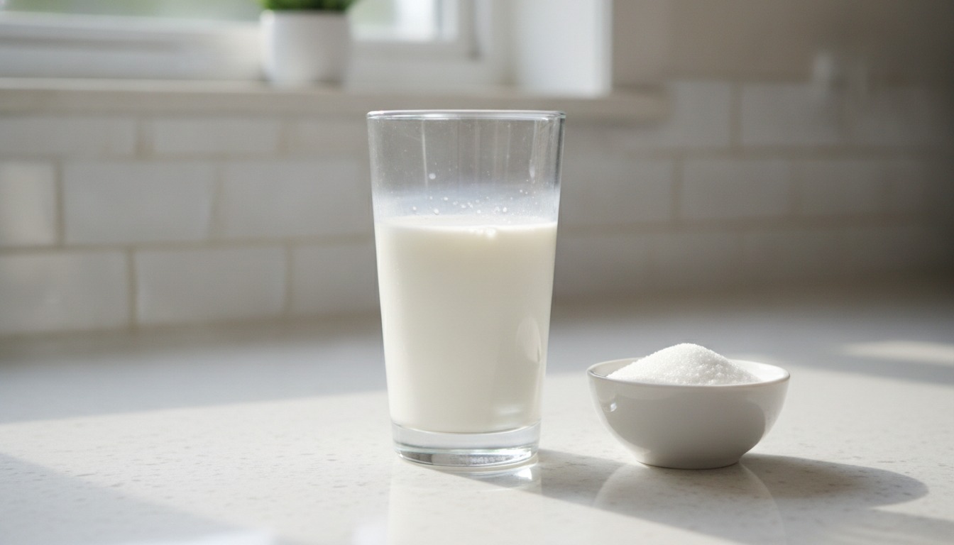 A tall glass of milk beside a small white bowl of sugar on a bright kitchen counter in soft natural morning light