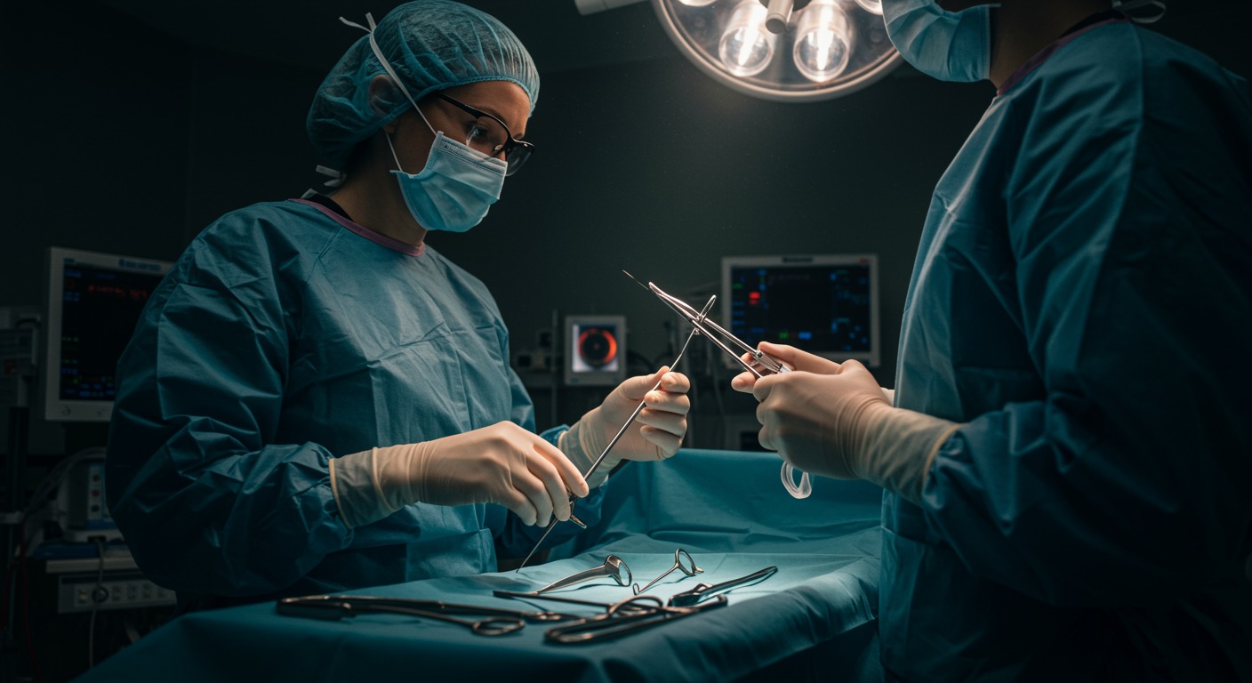 Photorealistic surgical simulation showing laparoscopic performance testing after sleep deprivation, with precision and skill measurement visualization, soft medical training lighting, no text