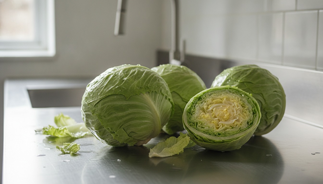 Heads of fresh iceberg lettuce on a stainless steel kitchen counter in bright natural daylight