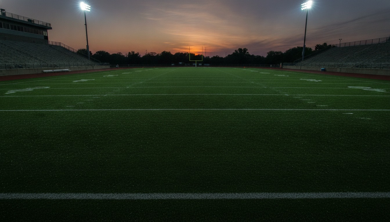 An empty American football field at dusk, long shadows falling across the grass under stadium lights