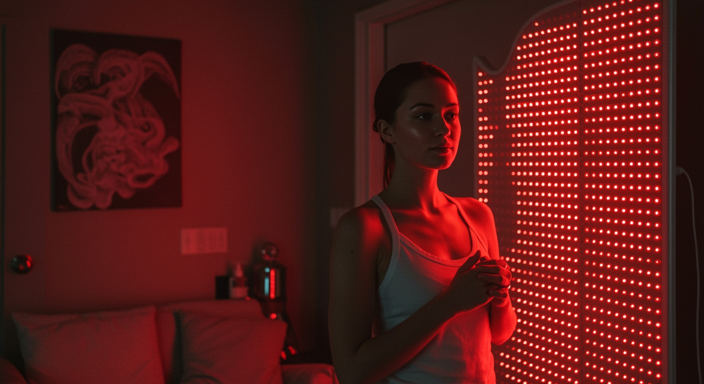 Woman with clear skin standing in front of a red and near-infrared LED panel in a modern home wellness space with soft ambient lighting