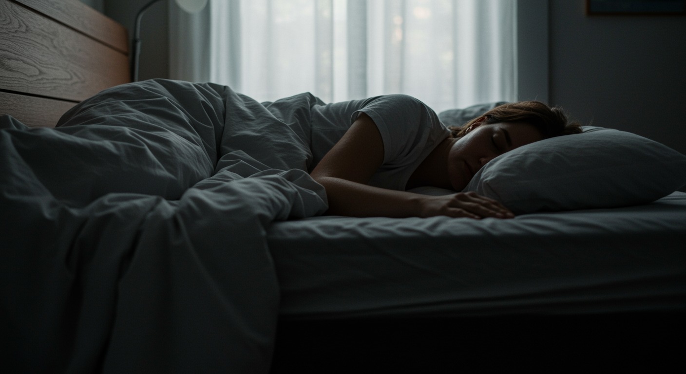 Person sleeping peacefully on their left side in a comfortable bedroom