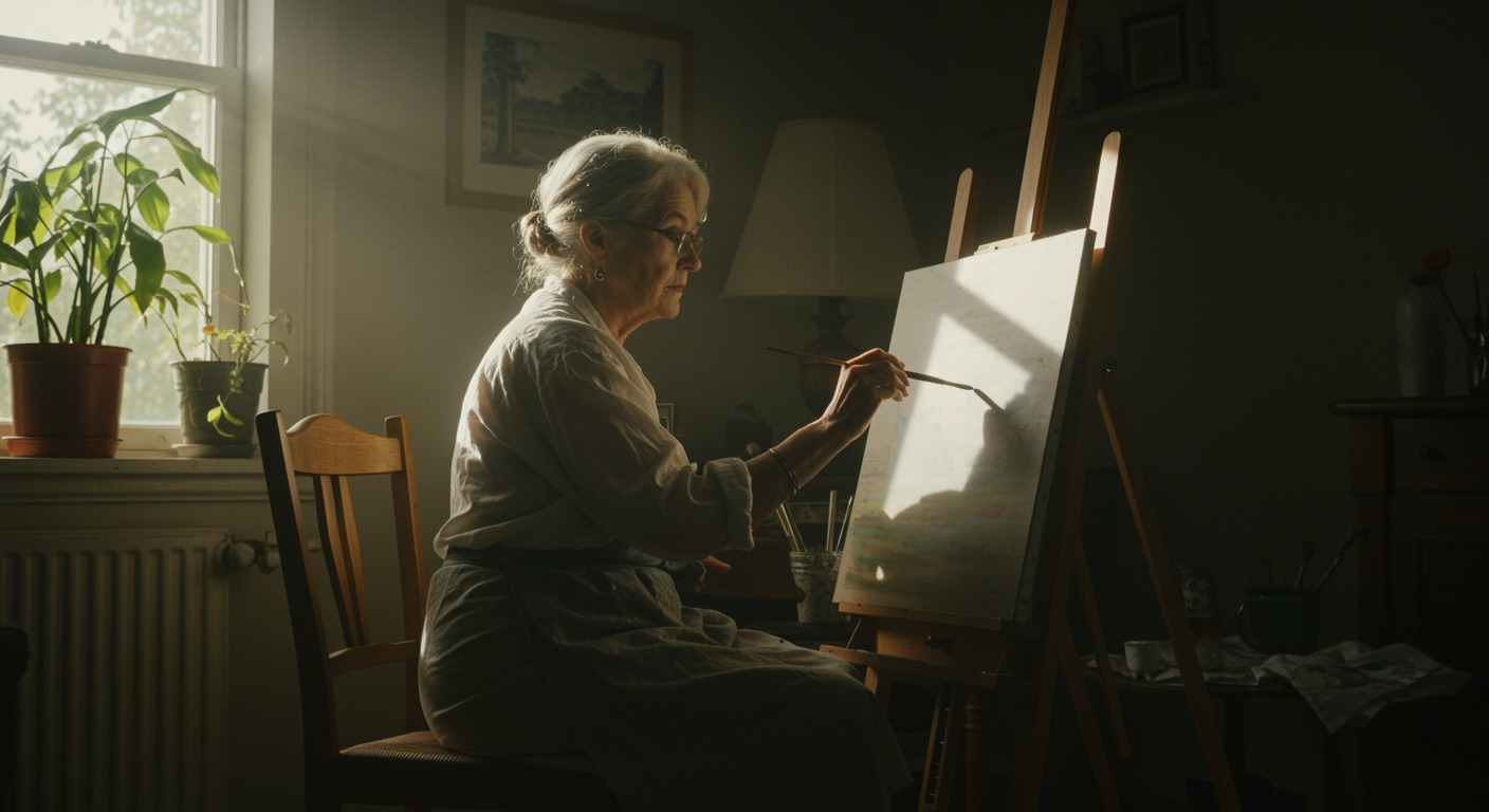 Older woman painting at a wooden easel in a sunlit room with a window and houseplant in the background