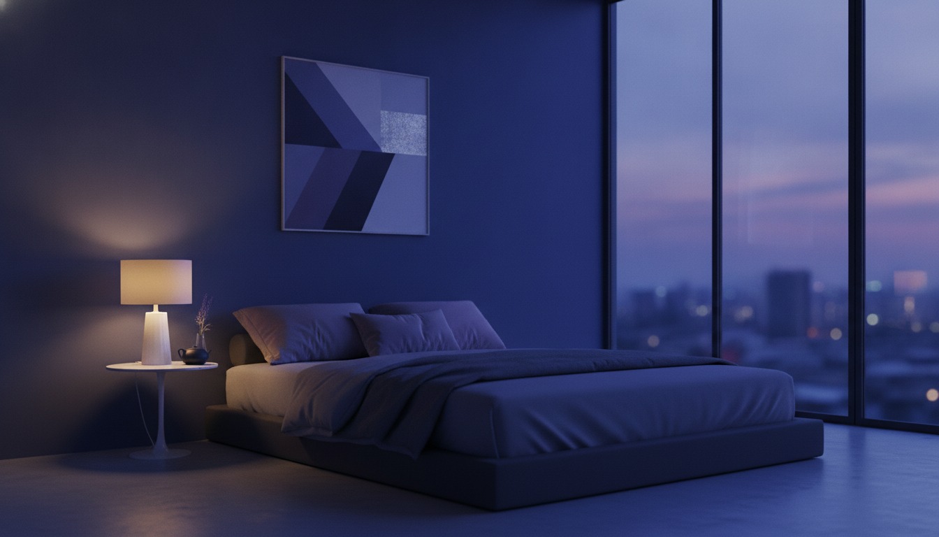 Minimalist bedroom at twilight with deep blue and lavender tones and a single bedside lamp glowing