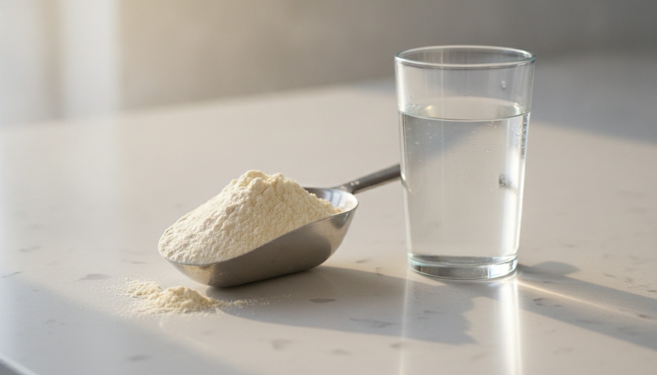 Close-up of a metal scoop of pale powder resting on a plain kitchen counter beside a glass of water in soft morning light
