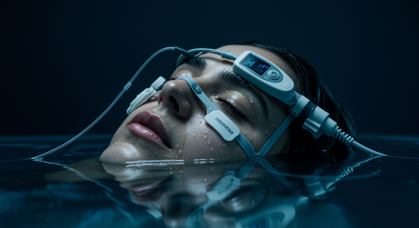Face partially submerged in water with clinical monitoring equipment