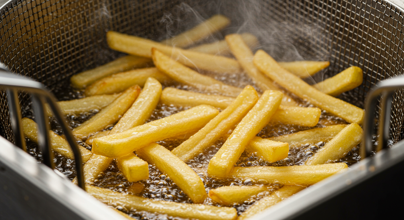 Fries being fried in vegetable oil rich in linoleic acid
