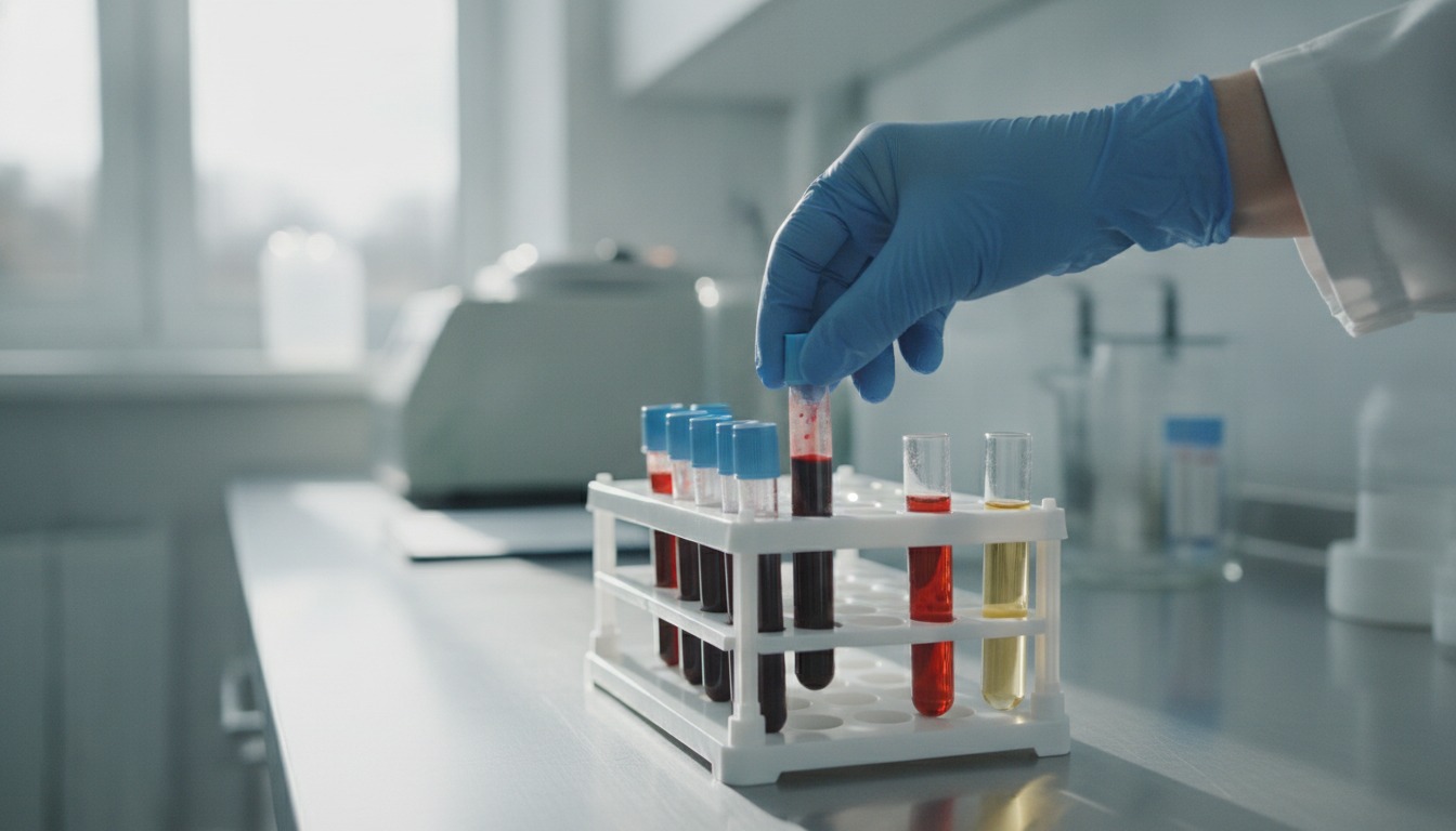 Gloved hand placing a small tube of blood into a rack in a bright hospital laboratory, soft daylight from a window