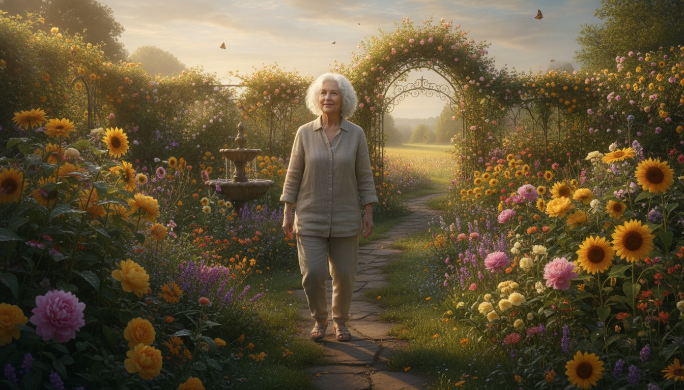 Hopeful older adult enjoying a quiet morning walk through a sunlit garden with warm golden light and blooming flowers