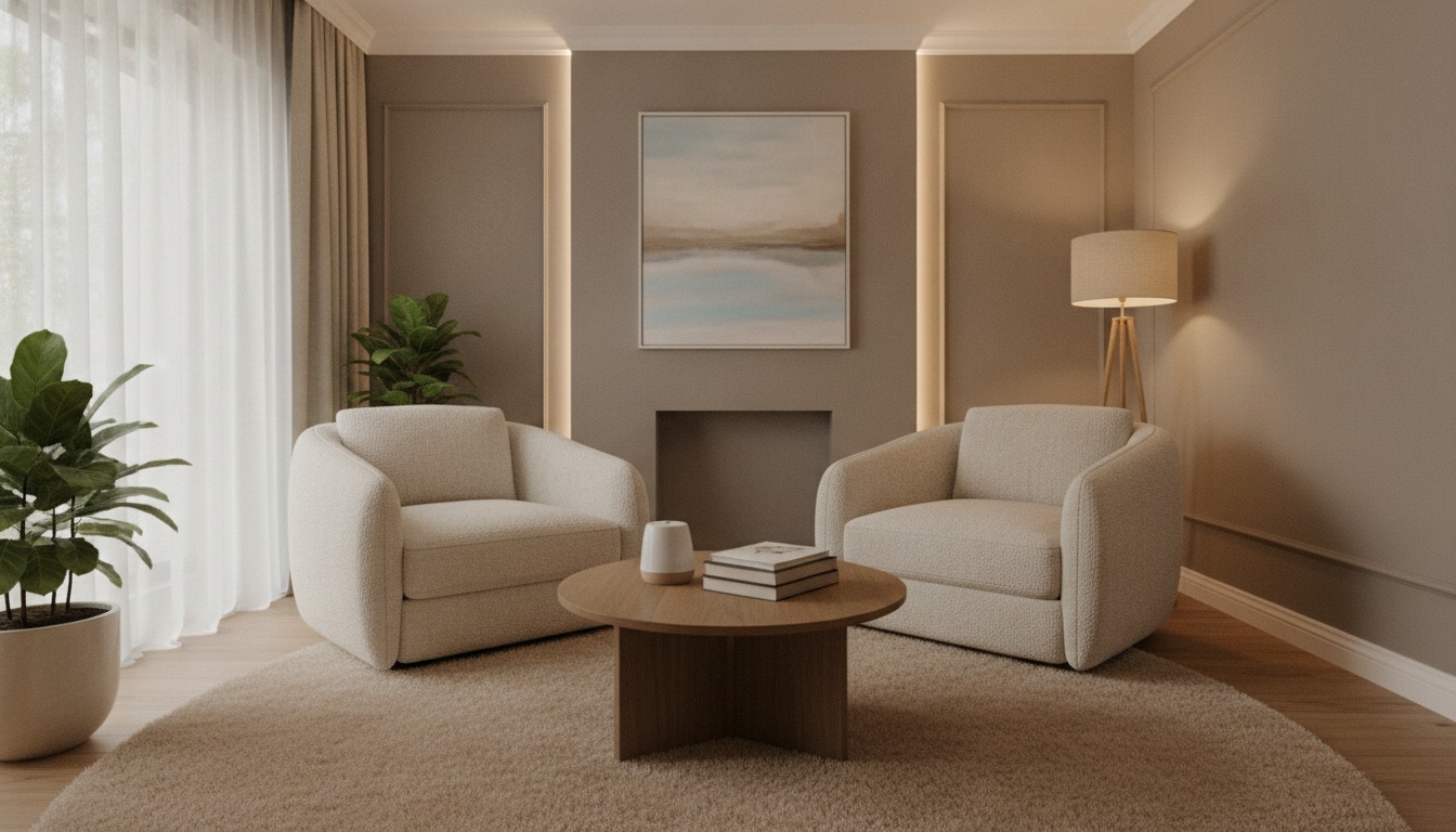 Therapist office with two comfortable chairs and soft neutral tones with gentle indirect lighting