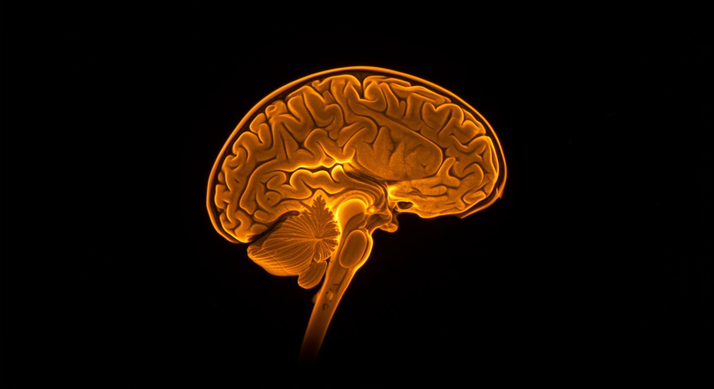Brain scan illuminated in warm amber light