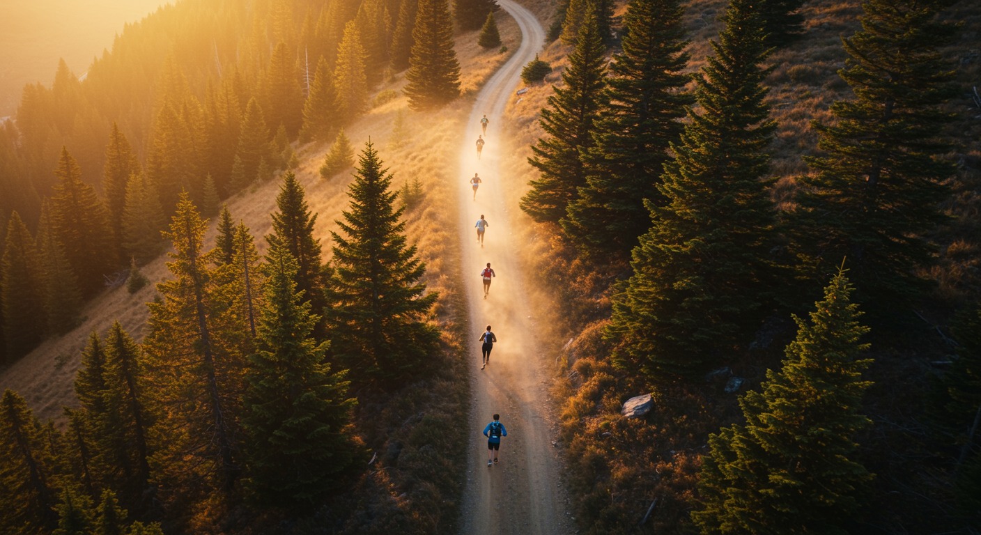 Photorealistic aerial view of trail runners on a dusty mountain path at sunrise with warm golden light and scattered pine trees, no text