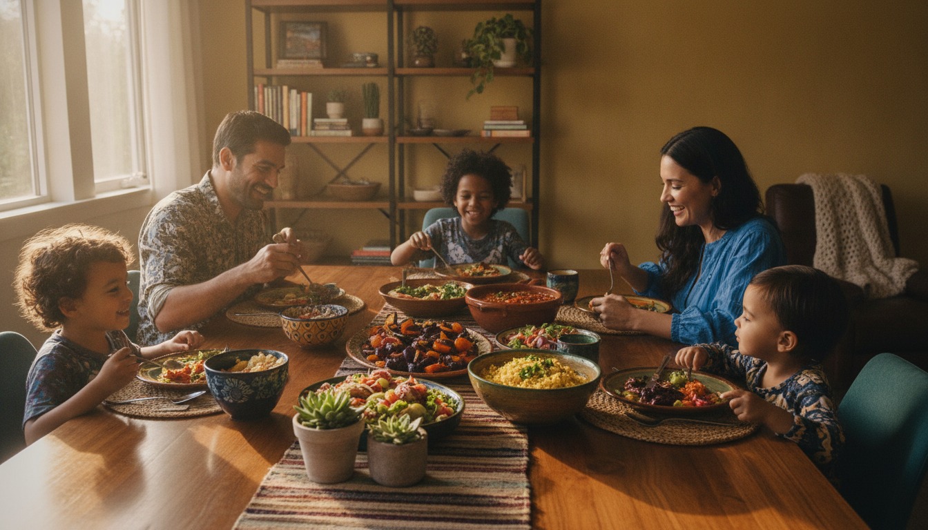 Family sharing a colorful home-cooked meal at a sunlit dining table with warm wood tones and inviting natural light