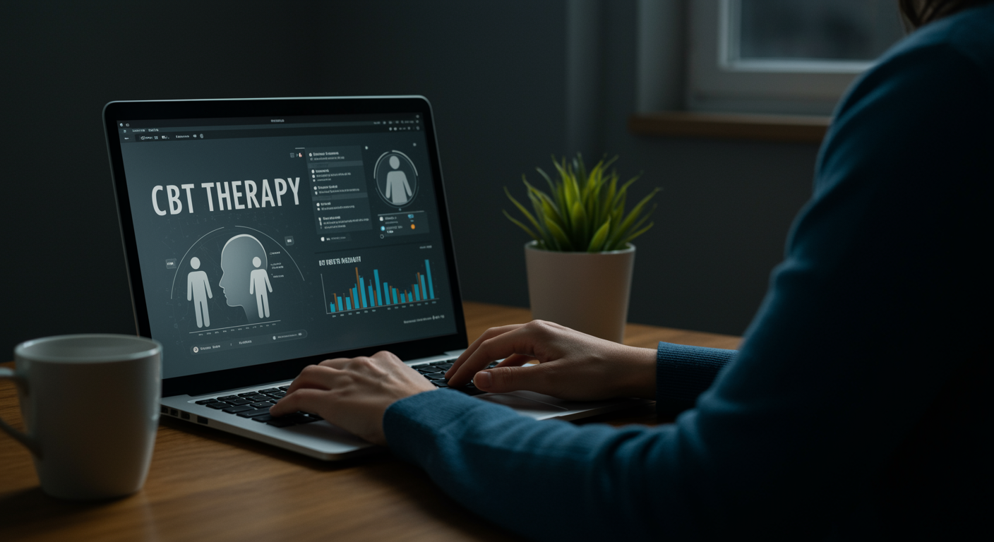 Person using laptop for online CBT therapy with digital mental health interface and progress tracking on screen