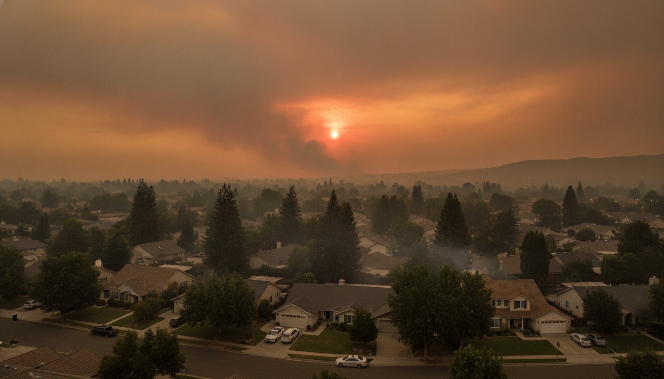 A hazy orange sky over a quiet suburban neighborhood as distant wildfire smoke settles over the rooftops in late afternoon light