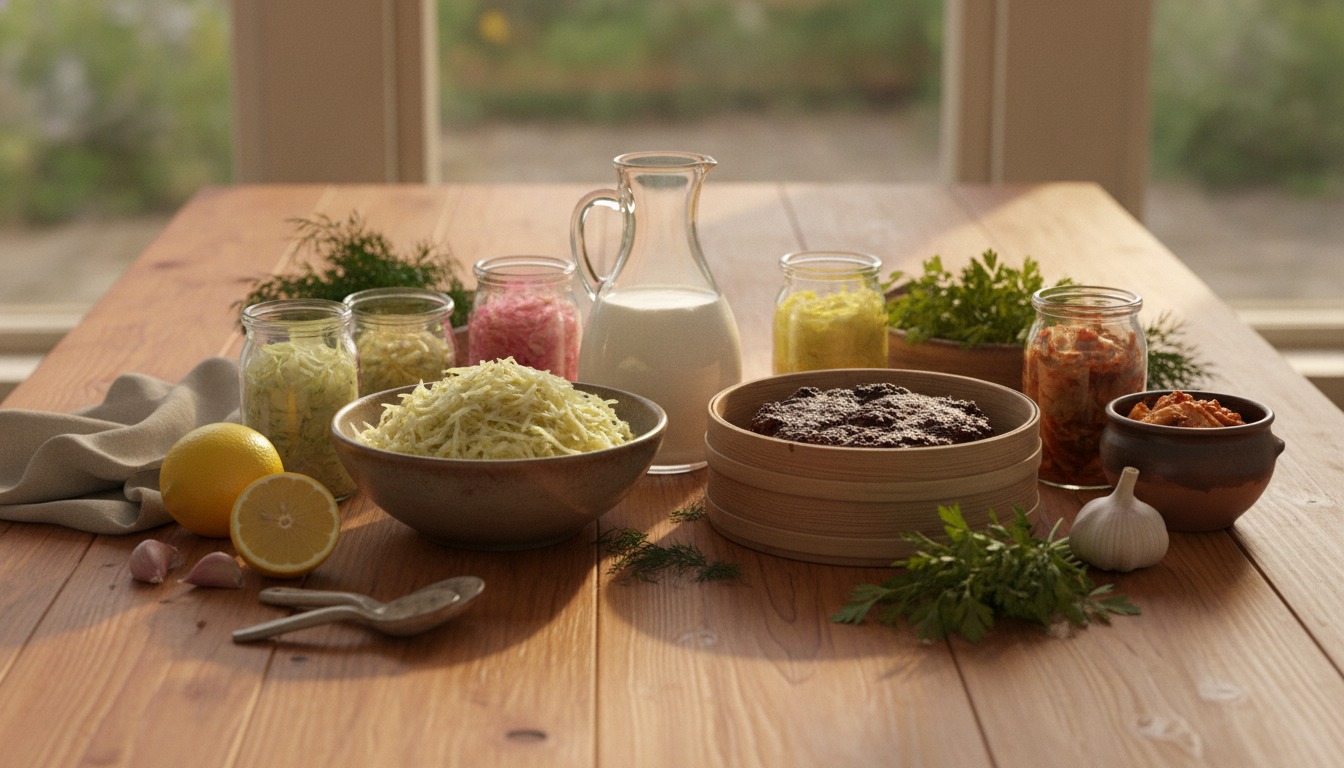 Fermented foods arrangement with kefir, sauerkraut, and miso on a warm wooden table in soft golden light