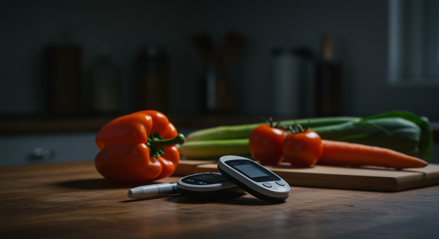 Blood glucose monitor next to fresh vegetables on a modern kitchen counter with bright overhead lighting