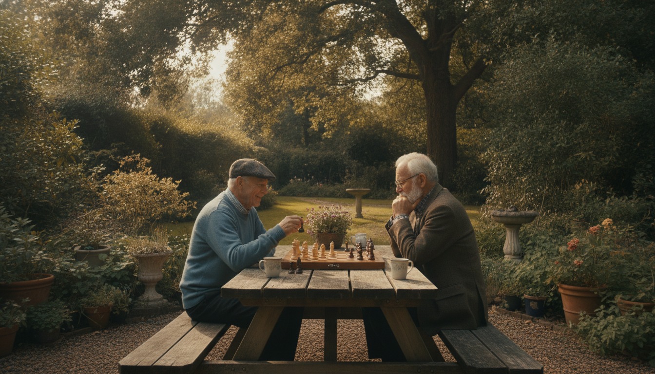 Senior man playing chess with a friend at a wooden outdoor table in a leafy garden with soft warm light