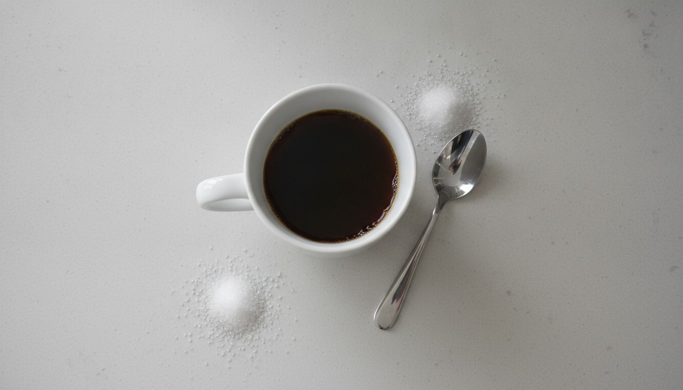 Overhead view of a white coffee cup, a small spoon, and scattered white sweetener granules on a light kitchen counter